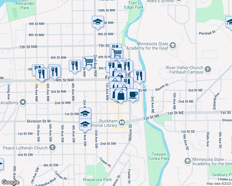 map of restaurants, bars, coffee shops, grocery stores, and more near 230 Central Avenue North in Faribault