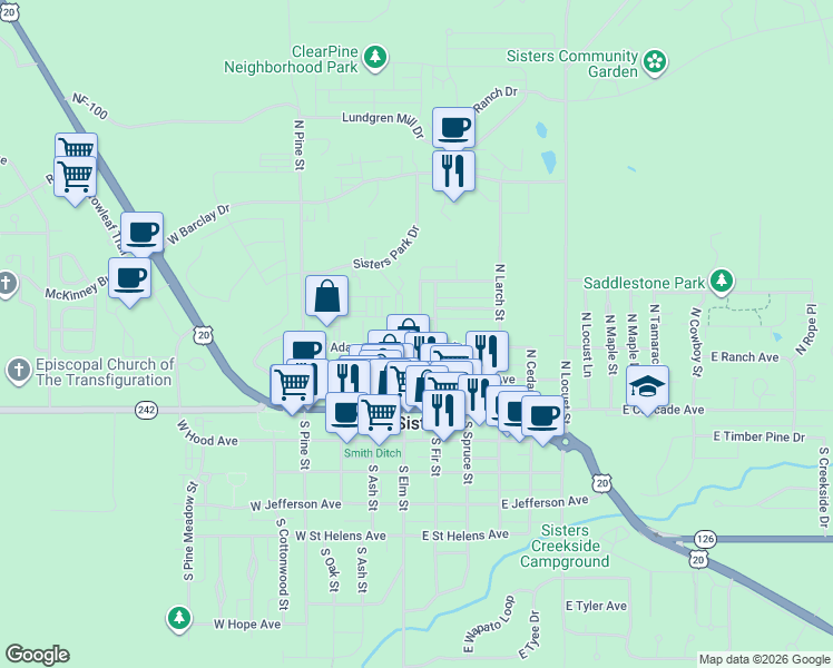 map of restaurants, bars, coffee shops, grocery stores, and more near 181 East Tall Fir Court in Sisters