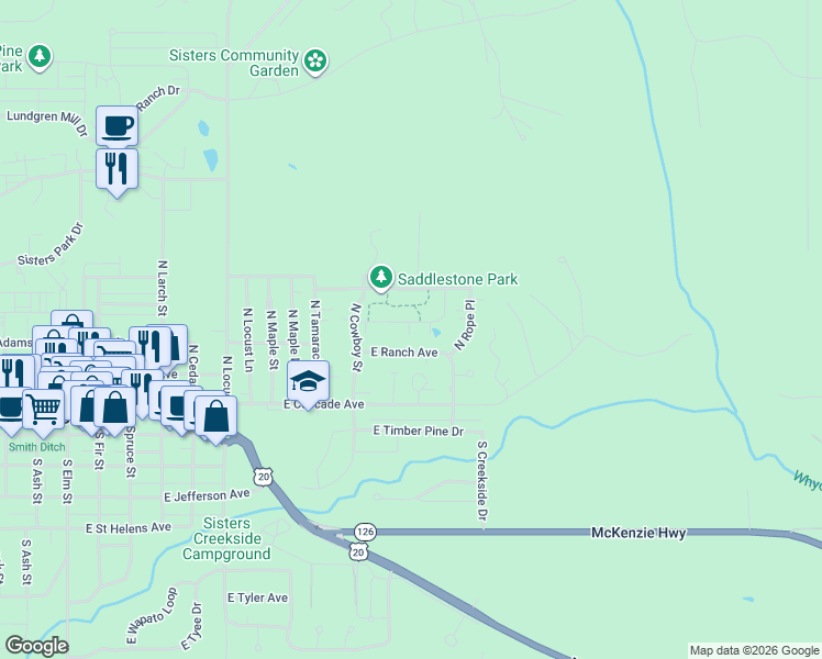 map of restaurants, bars, coffee shops, grocery stores, and more near 1035 East Horse Back Trail in Sisters