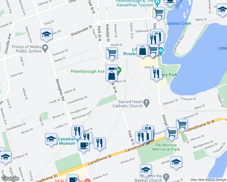 map of restaurants, bars, coffee shops, grocery stores, and more near 27 Park Street North in Peterborough