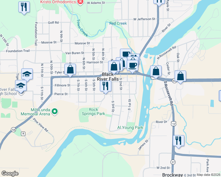 map of restaurants, bars, coffee shops, grocery stores, and more near 128 South 3rd Street in Black River Falls