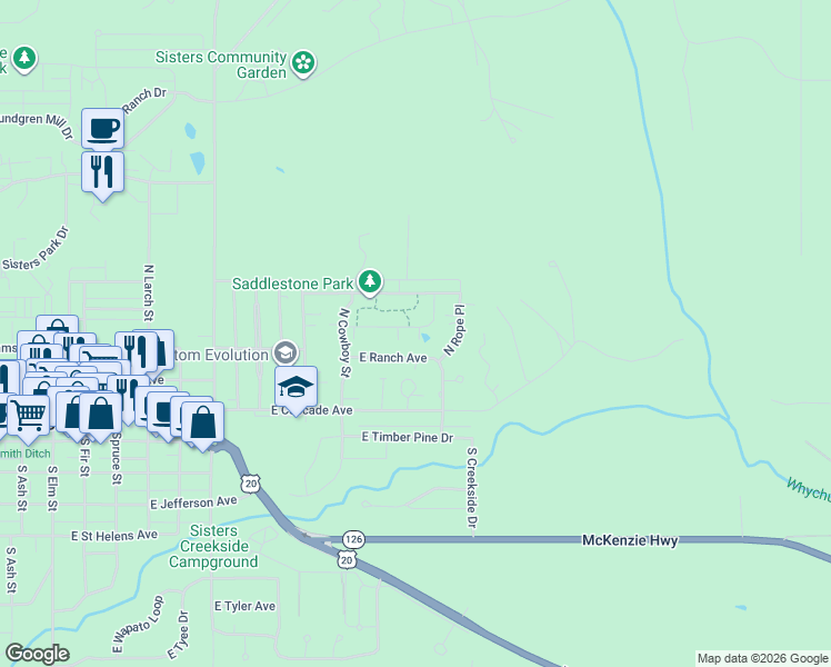 map of restaurants, bars, coffee shops, grocery stores, and more near 1035 East Horse Back Trail in Sisters
