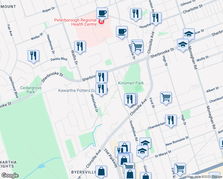 map of restaurants, bars, coffee shops, grocery stores, and more near 839 Talwood Drive in Peterborough