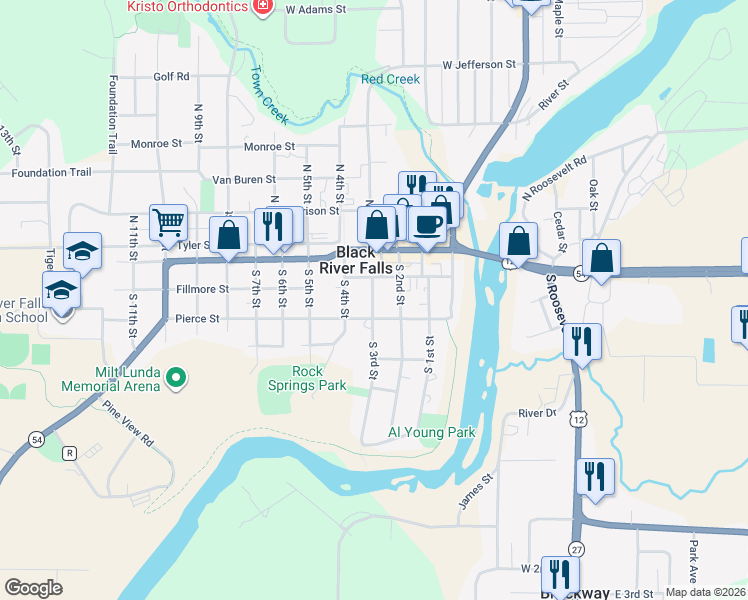 map of restaurants, bars, coffee shops, grocery stores, and more near 128 South 3rd Street in Black River Falls