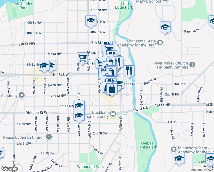 map of restaurants, bars, coffee shops, grocery stores, and more near 230 Central Avenue North in Faribault