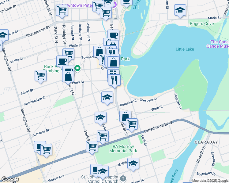 map of restaurants, bars, coffee shops, grocery stores, and more near in Peterborough