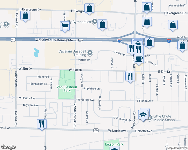 map of restaurants, bars, coffee shops, grocery stores, and more near 1840 Homestead Ct in Little Chute