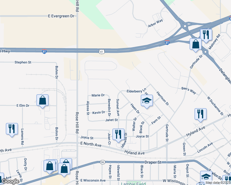 map of restaurants, bars, coffee shops, grocery stores, and more near 647 Sunset Ave in Kaukauna