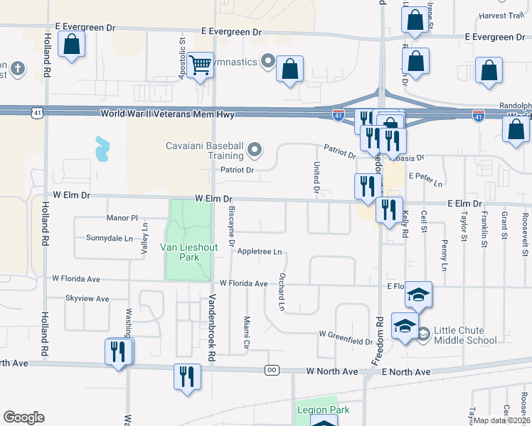 map of restaurants, bars, coffee shops, grocery stores, and more near 1840 Homestead Court in Little Chute