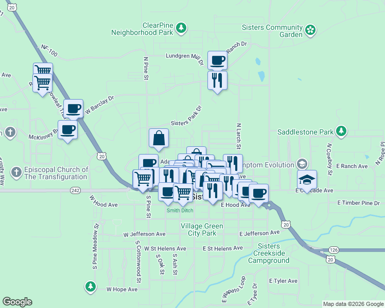 map of restaurants, bars, coffee shops, grocery stores, and more near 181 East Tall Fir Court in Sisters
