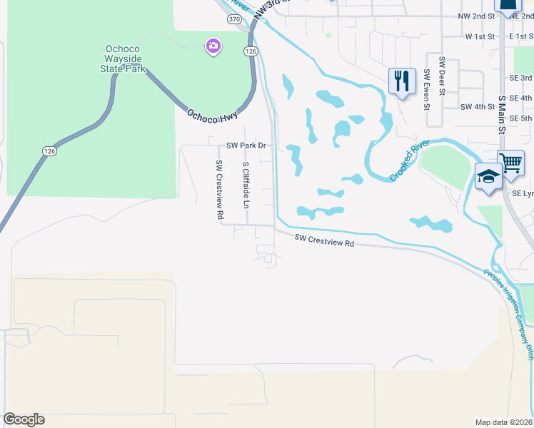map of restaurants, bars, coffee shops, grocery stores, and more near 951 South Rimrock Road in Prineville