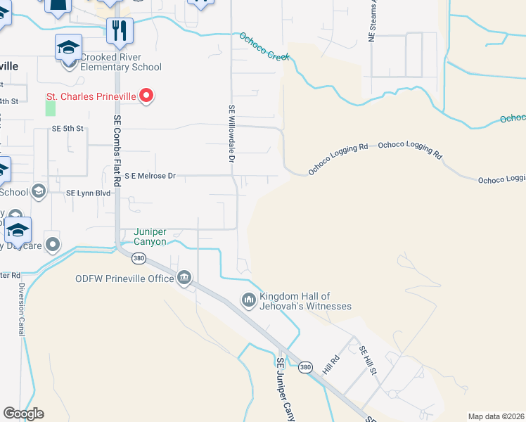 map of restaurants, bars, coffee shops, grocery stores, and more near 900 Southeast Willowdale Drive in Prineville