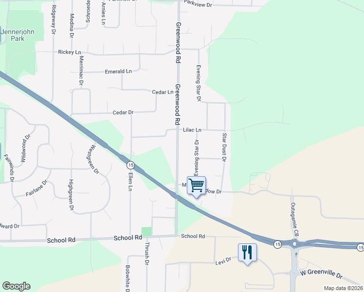 map of restaurants, bars, coffee shops, grocery stores, and more near N1458 Greenwood Road in Greenville