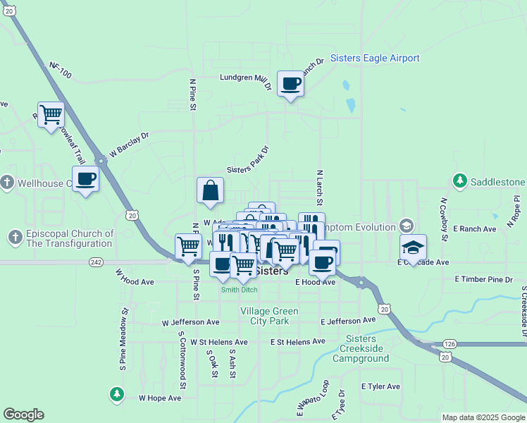 map of restaurants, bars, coffee shops, grocery stores, and more near 181 East Tall Fir Court in Sisters