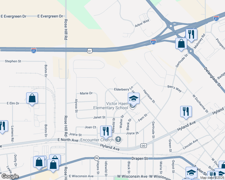map of restaurants, bars, coffee shops, grocery stores, and more near 676 Elderberry Lane in Kaukauna