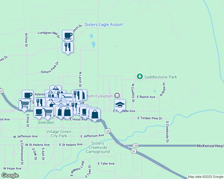 map of restaurants, bars, coffee shops, grocery stores, and more near 340 North Maple Street in Sisters