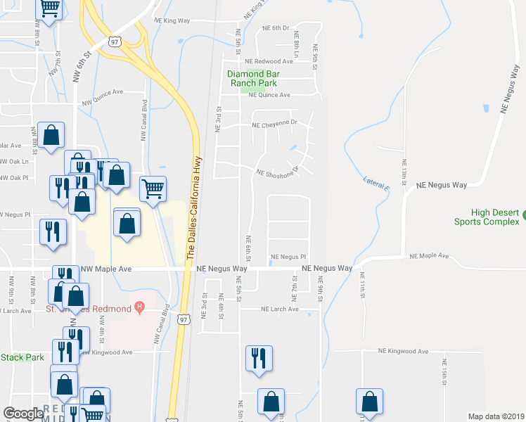map of restaurants, bars, coffee shops, grocery stores, and more near 1851 Northeast 7th Street in Redmond