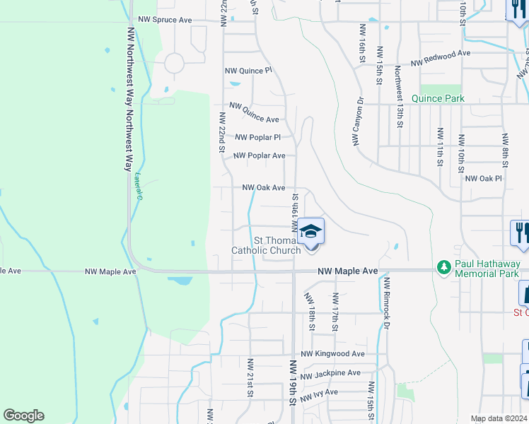 map of restaurants, bars, coffee shops, grocery stores, and more near 2034 Northwest Nickernut Court in Redmond