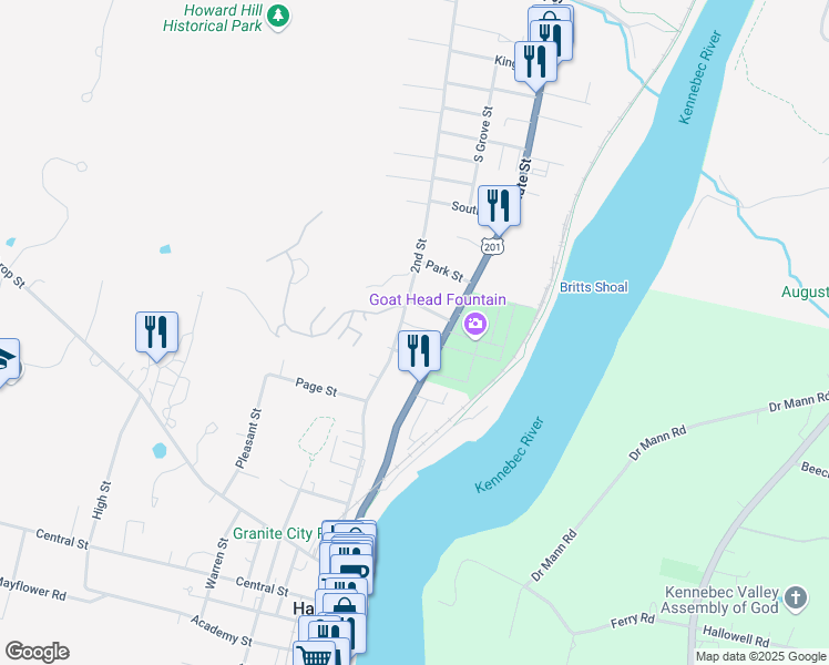 map of restaurants, bars, coffee shops, grocery stores, and more near 6 Stoddard Lane in Hallowell