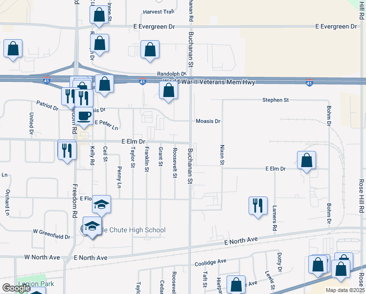 map of restaurants, bars, coffee shops, grocery stores, and more near 1007 East Elm Drive in Little Chute