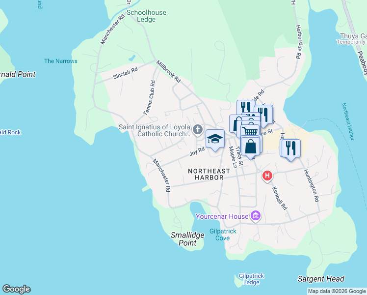 map of restaurants, bars, coffee shops, grocery stores, and more near 4 Kinfolk Lane in Mount Desert