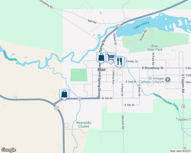 map of restaurants, bars, coffee shops, grocery stores, and more near 417 West 1st Street in Blair