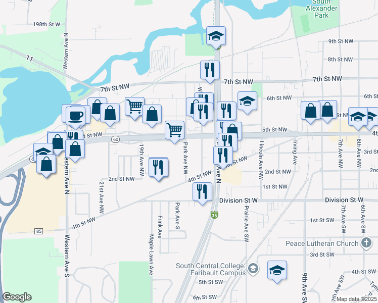 map of restaurants, bars, coffee shops, grocery stores, and more near 303 Park Avenue Northwest in Faribault