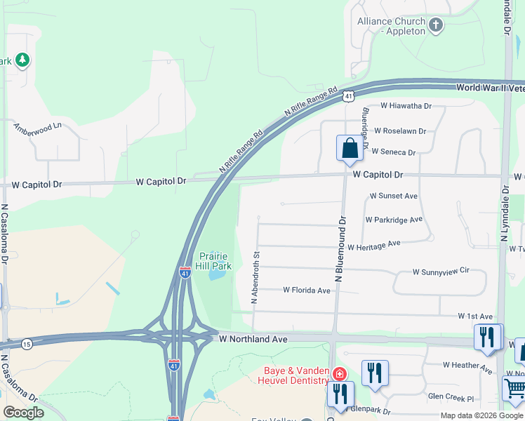 map of restaurants, bars, coffee shops, grocery stores, and more near 3236 North Abendroth Street in Appleton
