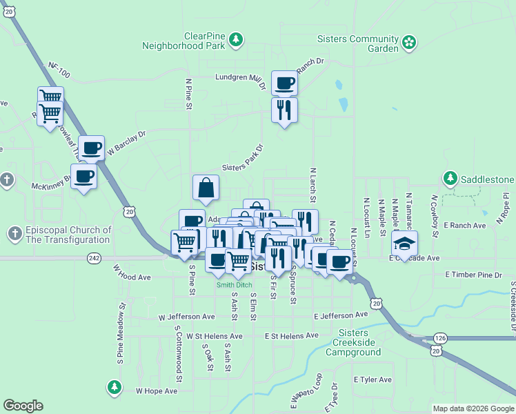 map of restaurants, bars, coffee shops, grocery stores, and more near 181 East Tall Fir Court in Sisters