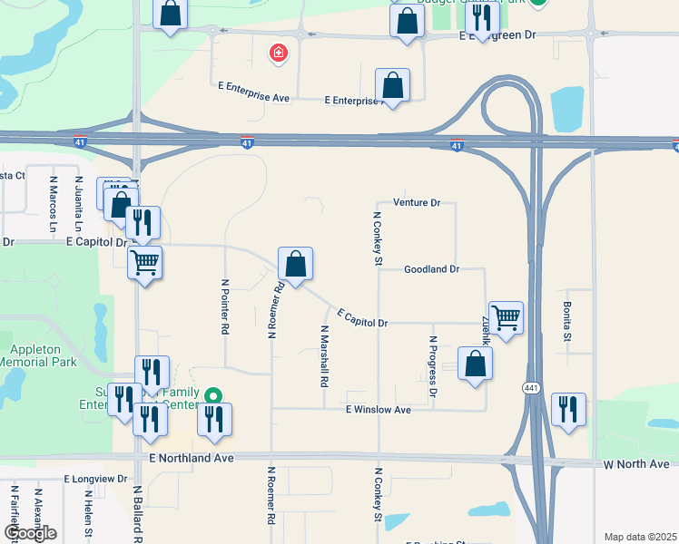 map of restaurants, bars, coffee shops, grocery stores, and more near 2500 East Capitol Drive in Appleton