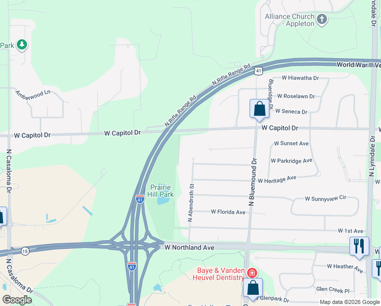 map of restaurants, bars, coffee shops, grocery stores, and more near 3236 North Abendroth Street in Appleton