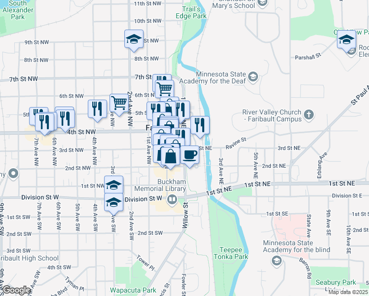map of restaurants, bars, coffee shops, grocery stores, and more near 354 1st Avenue Northwest in Wells
