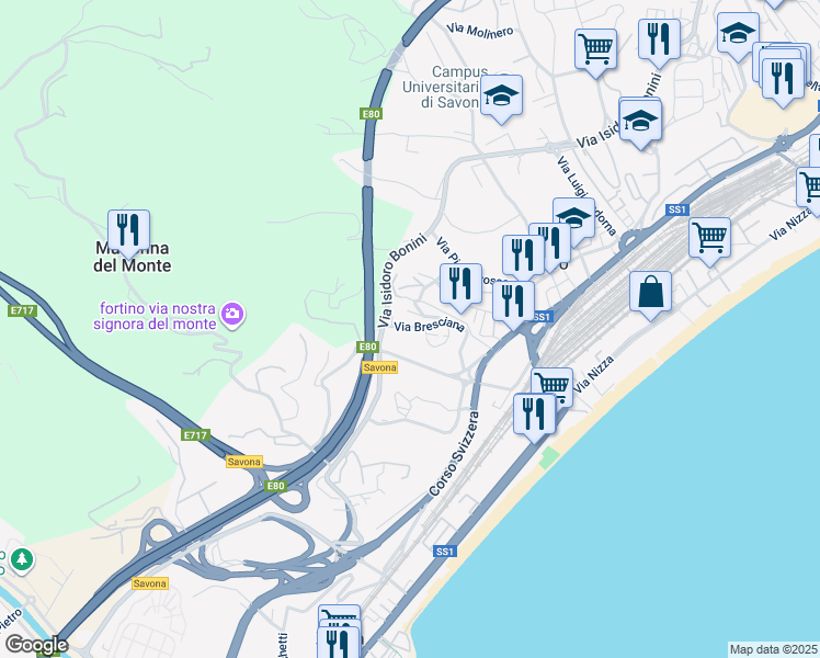 map of restaurants, bars, coffee shops, grocery stores, and more near 31 Via Bresciana in Savona