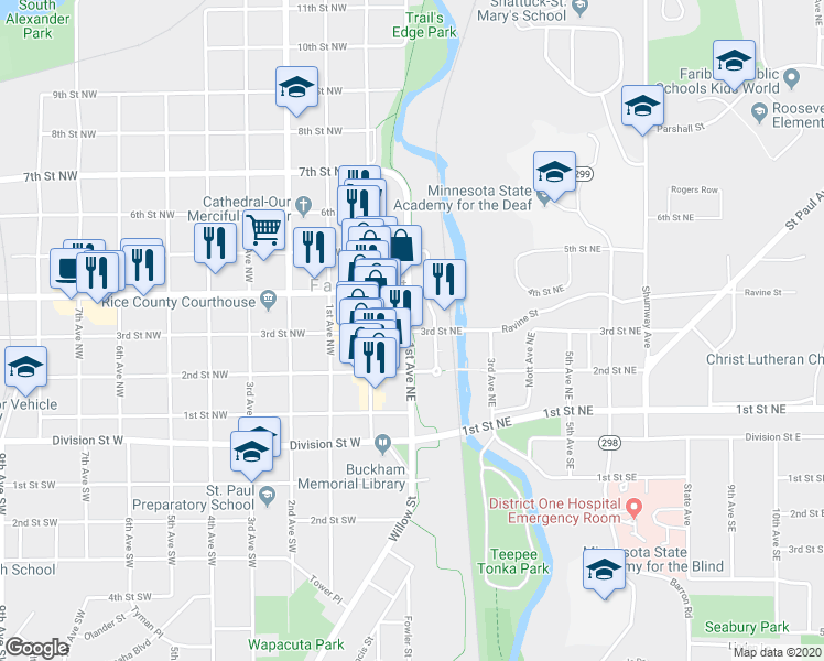 map of restaurants, bars, coffee shops, grocery stores, and more near 1st Ave NE & 3rd St NE in Faribault