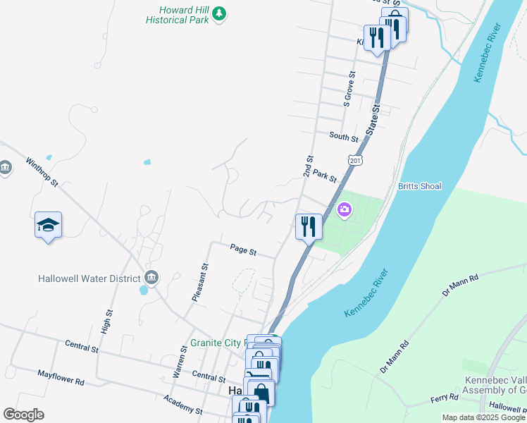 map of restaurants, bars, coffee shops, grocery stores, and more near 98 Choate Lane in Hallowell