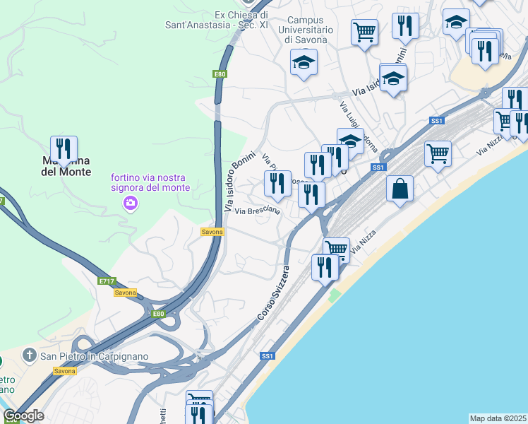 map of restaurants, bars, coffee shops, grocery stores, and more near 17 Via Bresciana in Savona