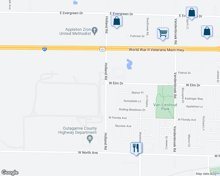 map of restaurants, bars, coffee shops, grocery stores, and more near 1640 Holland Road in Appleton
