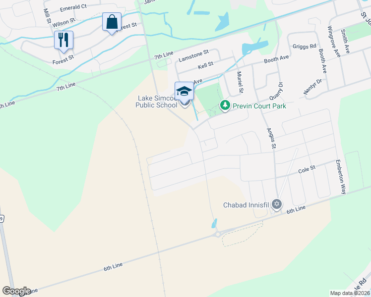 map of restaurants, bars, coffee shops, grocery stores, and more near Webster Boulevard in Innisfil