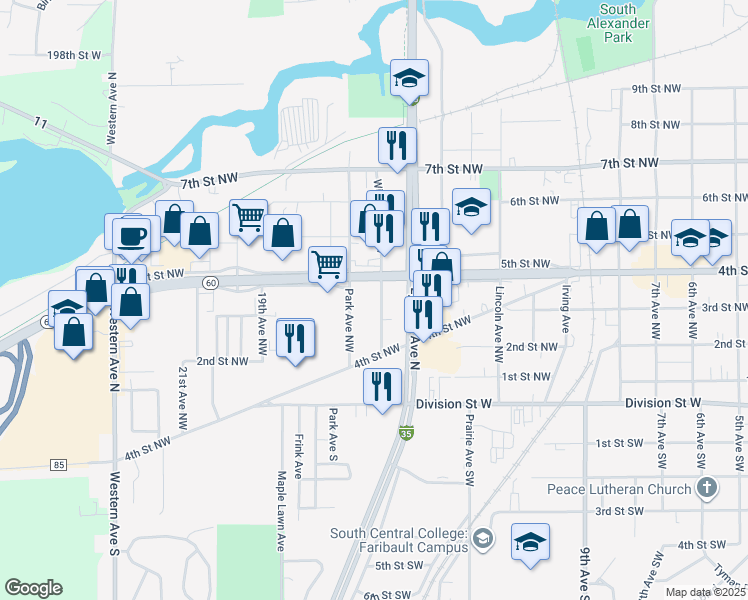 map of restaurants, bars, coffee shops, grocery stores, and more near 303 Park Avenue Northwest in Faribault