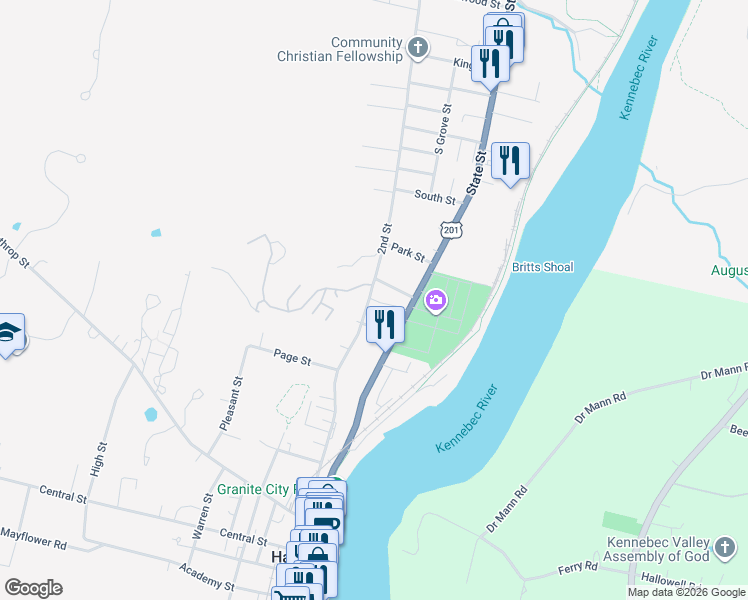 map of restaurants, bars, coffee shops, grocery stores, and more near 28 2nd Street in Hallowell