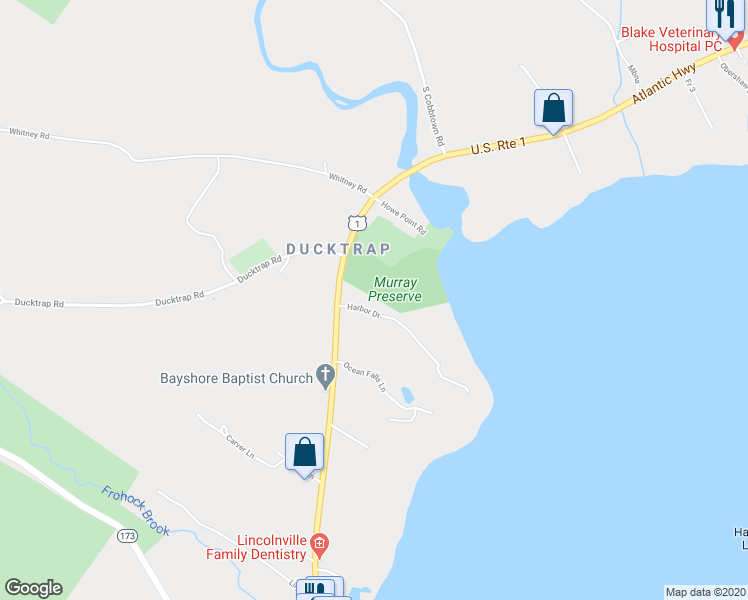 map of restaurants, bars, coffee shops, grocery stores, and more near 16 Harbor Drive in Lincolnville