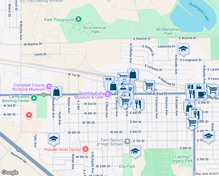 map of restaurants, bars, coffee shops, grocery stores, and more near 300 West 2nd Street in Gillette