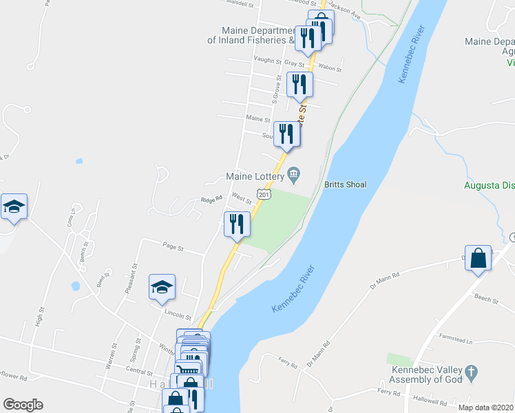 map of restaurants, bars, coffee shops, grocery stores, and more near 19 Water Street in Hallowell