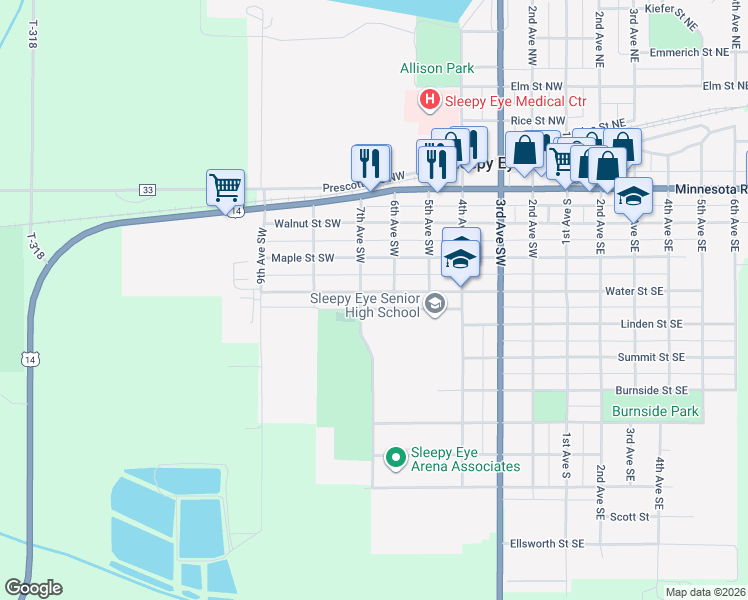 map of restaurants, bars, coffee shops, grocery stores, and more near 611 Water Street Southwest in Sleepy Eye