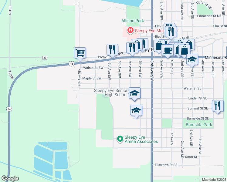 map of restaurants, bars, coffee shops, grocery stores, and more near 611 Water Street Southwest in Sleepy Eye