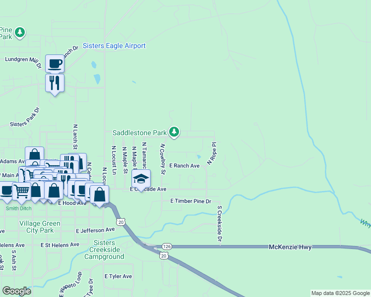 map of restaurants, bars, coffee shops, grocery stores, and more near 1004 East Horse Back Trail in Sisters