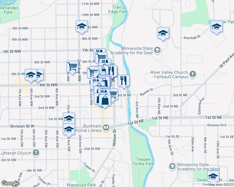 map of restaurants, bars, coffee shops, grocery stores, and more near 31 3rd Street Northeast in Faribault