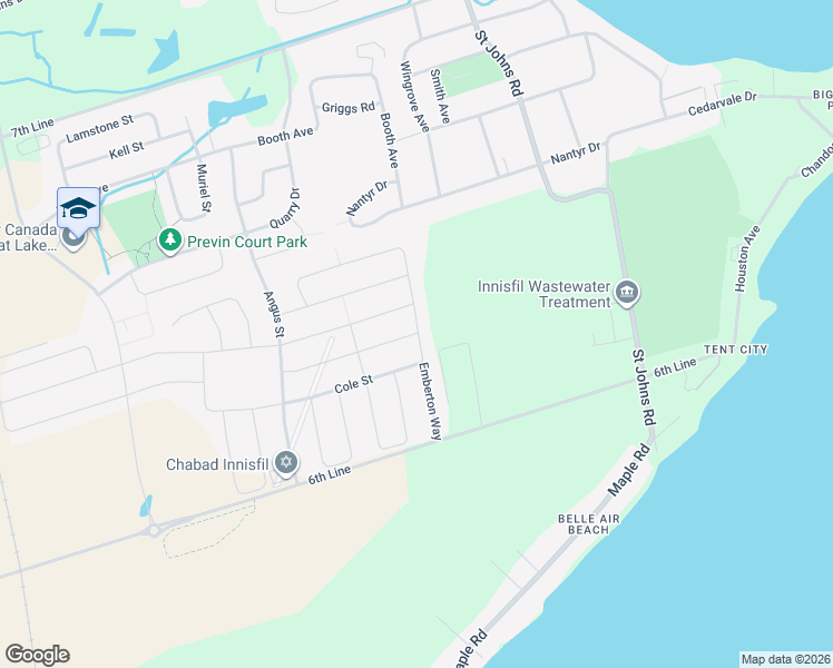 map of restaurants, bars, coffee shops, grocery stores, and more near Emberton Way in Innisfil