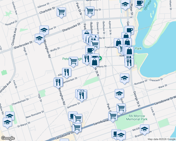 map of restaurants, bars, coffee shops, grocery stores, and more near 38 Lafayette Avenue in Peterborough