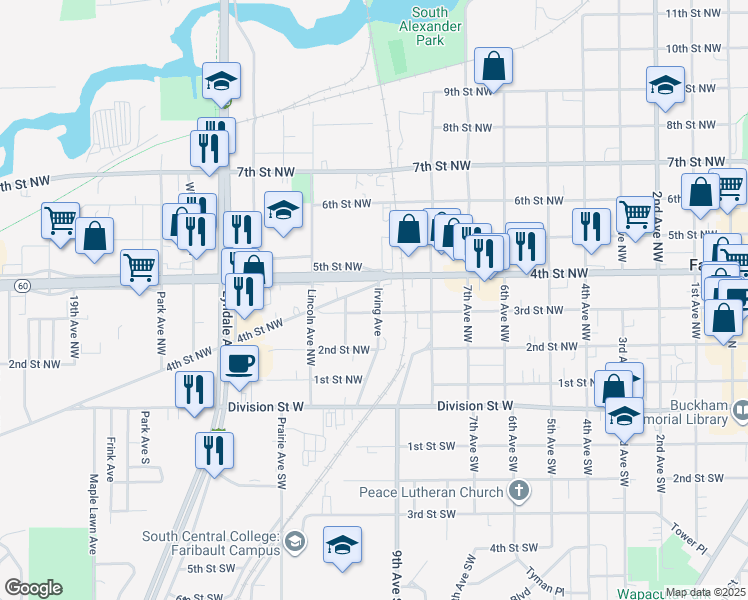map of restaurants, bars, coffee shops, grocery stores, and more near 310 Irving Avenue in Faribault